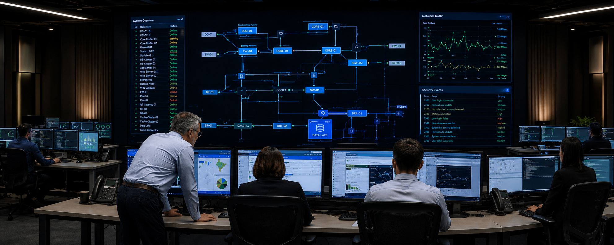 A team monitoring live operational dashboards in a control room