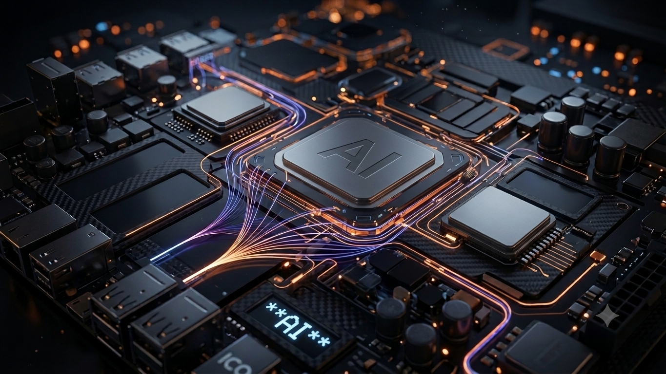 An illustration of an AI processor routing data across a circuit board