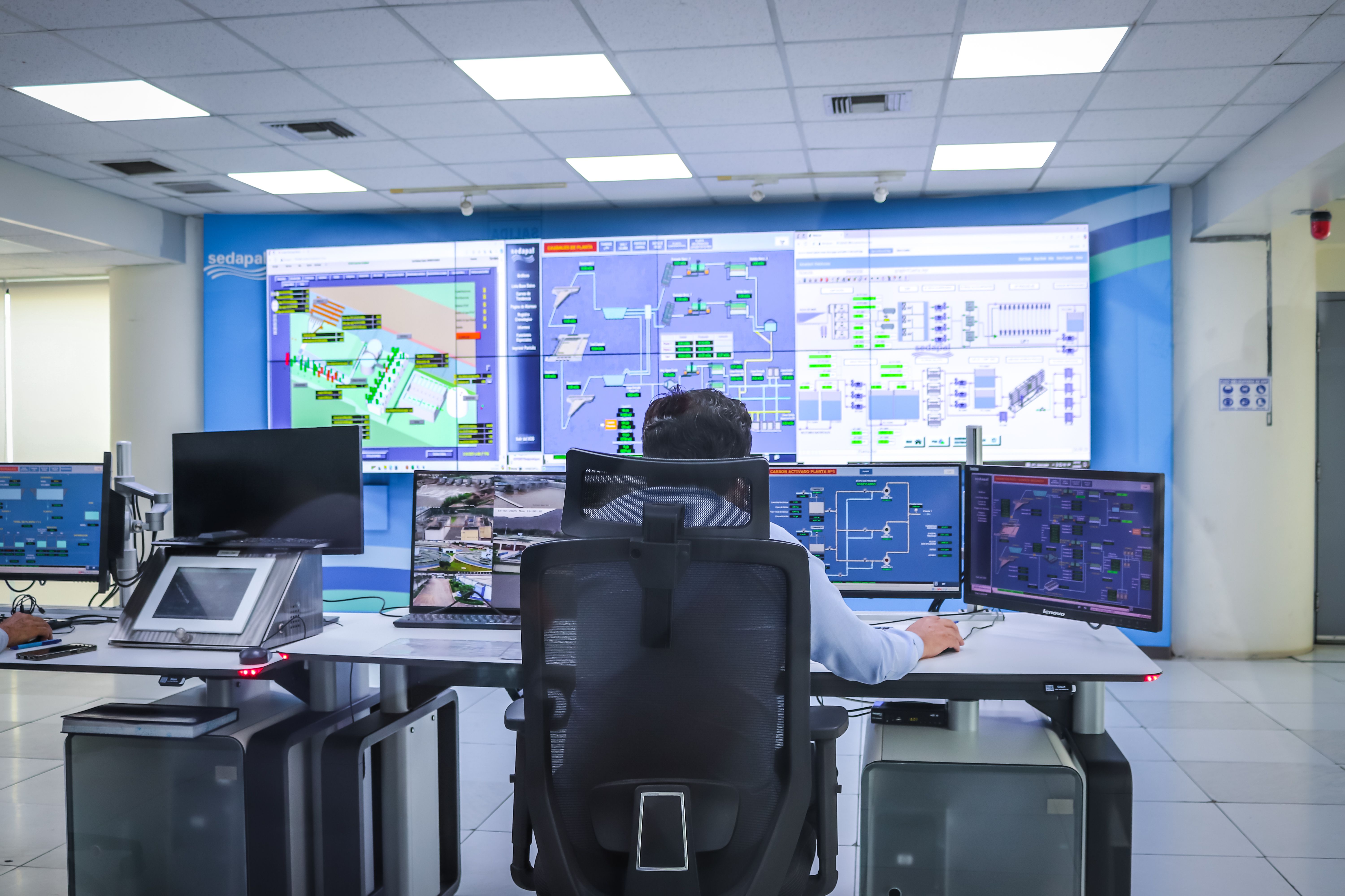 A ship's operations console with monitoring displays